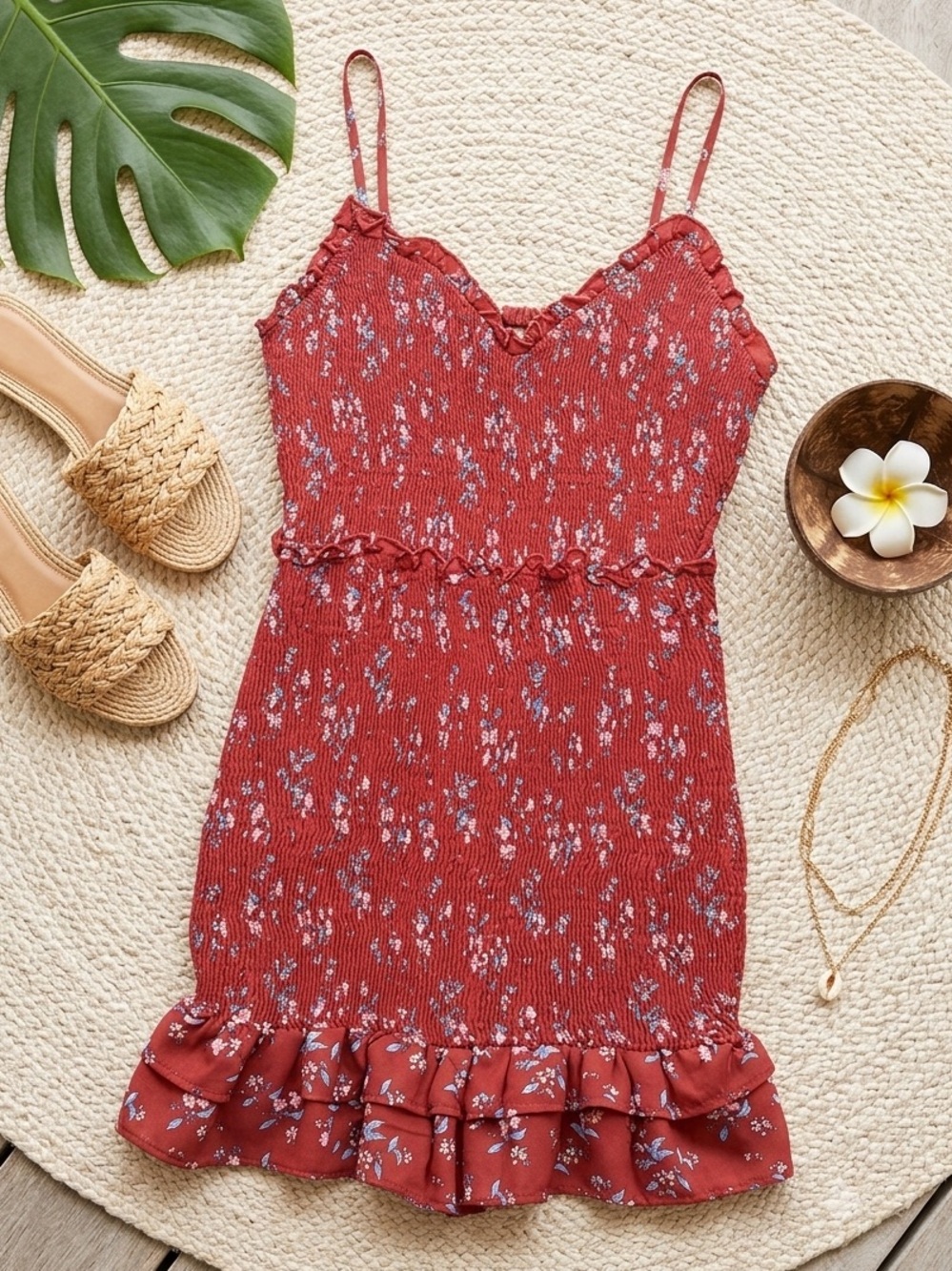 CLOUD SKY Boho Floral Full Smocked Ruffle Mini Dress | Terracotta Red